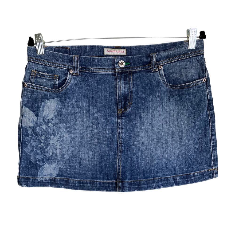 Tommy Hilfiger Vtg Y2K Denim Mini Skirt Floral Printed Stone Washed Coconut girl